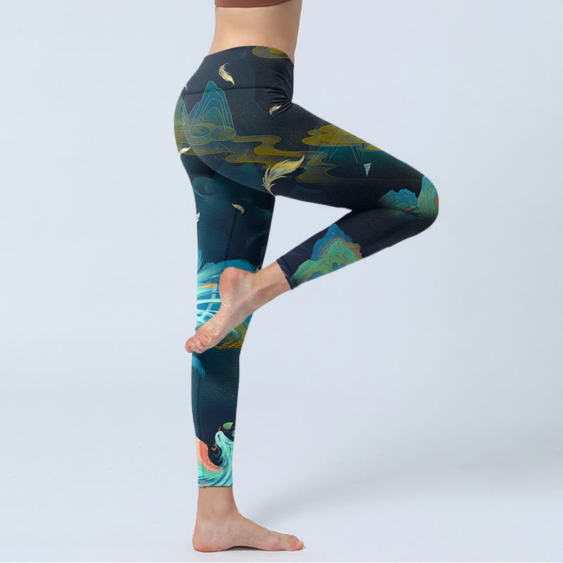 Pantalones de yoga para mujer con diseño de plumas de fénix y montañas de Buddha Stones - image 4