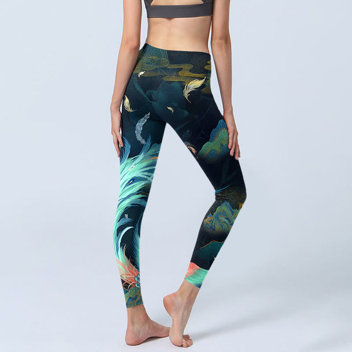 Pantalones de yoga para mujer con diseño de plumas de fénix y montañas de Buddha Stones - image 5