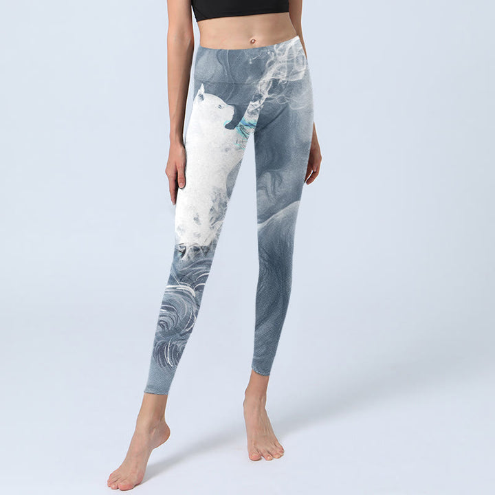 Leggings de ejercicio para mujer con diseño de gato blanco y gris pizarra claro y Buddha Stones - image 6