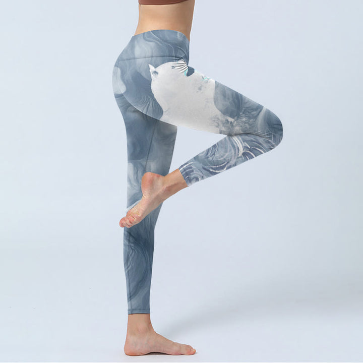Leggings de ejercicio para mujer con diseño de gato blanco y gris pizarra claro y Buddha Stones - image 3