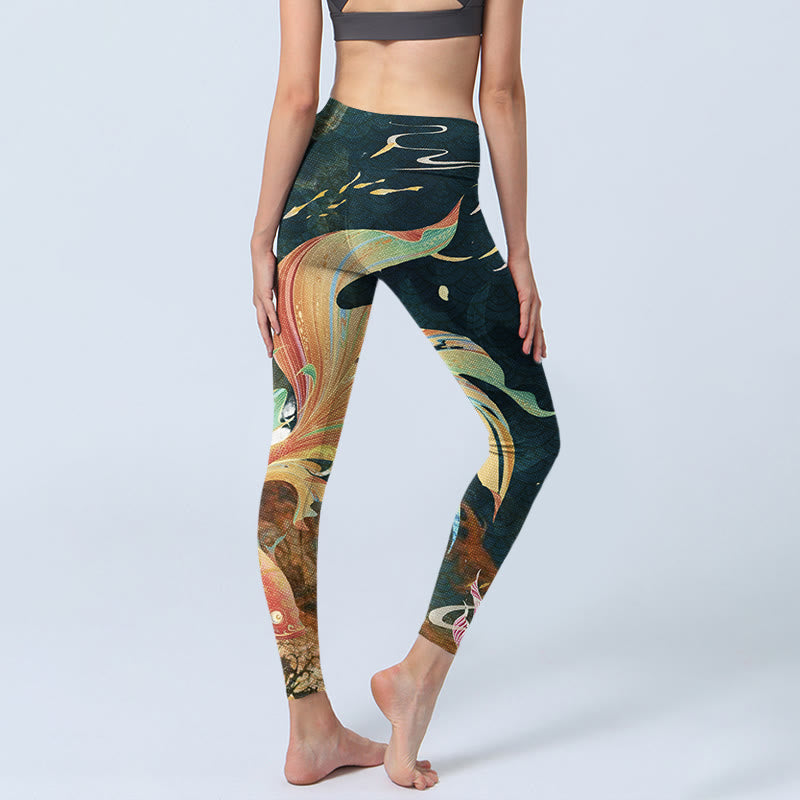 Leggings de ejercicio para mujer con diseño de torre de linternas del cielo y peces koi en color gris pizarra oscuro y Buddha Stones - image 4