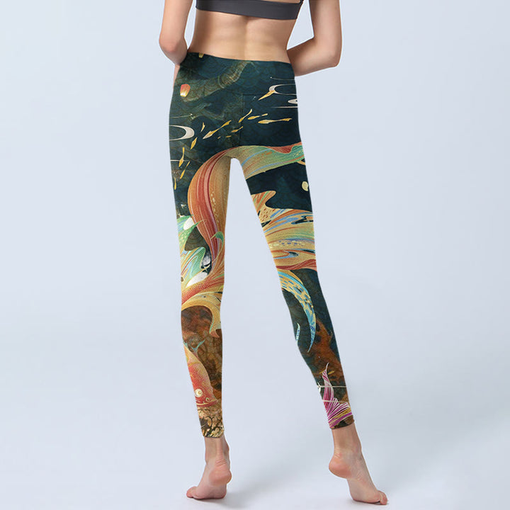 Leggings de ejercicio para mujer con diseño de torre de linternas del cielo y peces koi en color gris pizarra oscuro y Buddha Stones - image 6