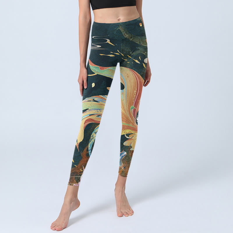 Leggings de ejercicio para mujer con diseño de torre de linternas del cielo y peces koi en color gris pizarra oscuro y Buddha Stones - image 5