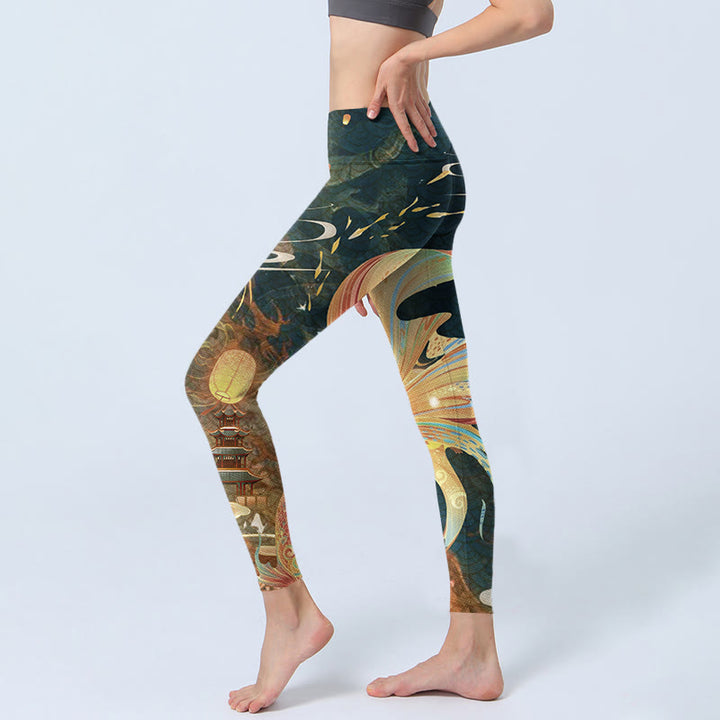 Leggings de ejercicio para mujer con diseño de torre de linternas del cielo y peces koi en color gris pizarra oscuro y Buddha Stones - image 2