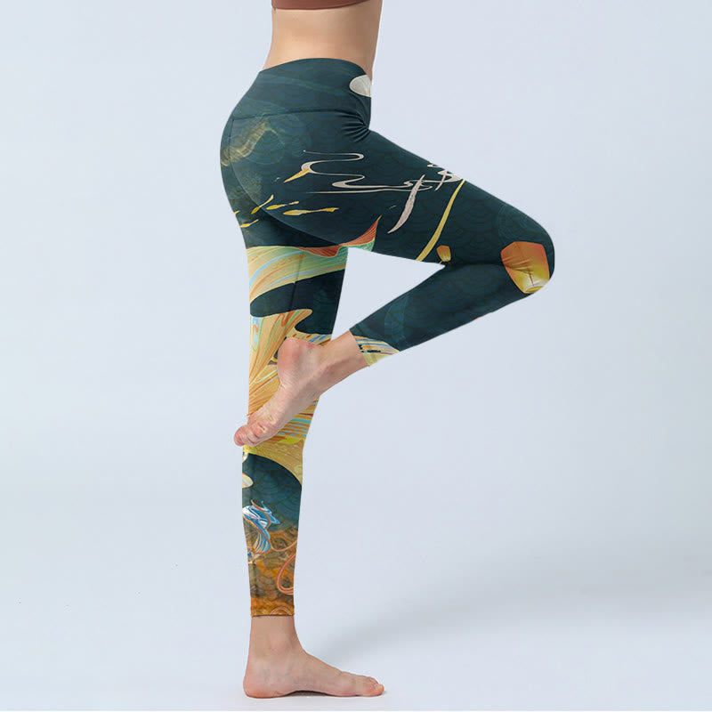 Leggings de ejercicio para mujer con diseño de torre de linternas del cielo y peces koi en color gris pizarra oscuro y Buddha Stones - image 4