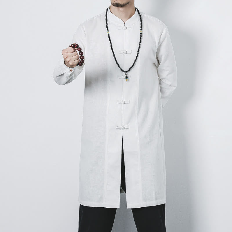 Abrigo de lino de longitud media para hombre con botones de rana y Buddha Stones en otoño, ropa zen - Blanco - US/UK/AU46, EU56 (5XL) - image 14
