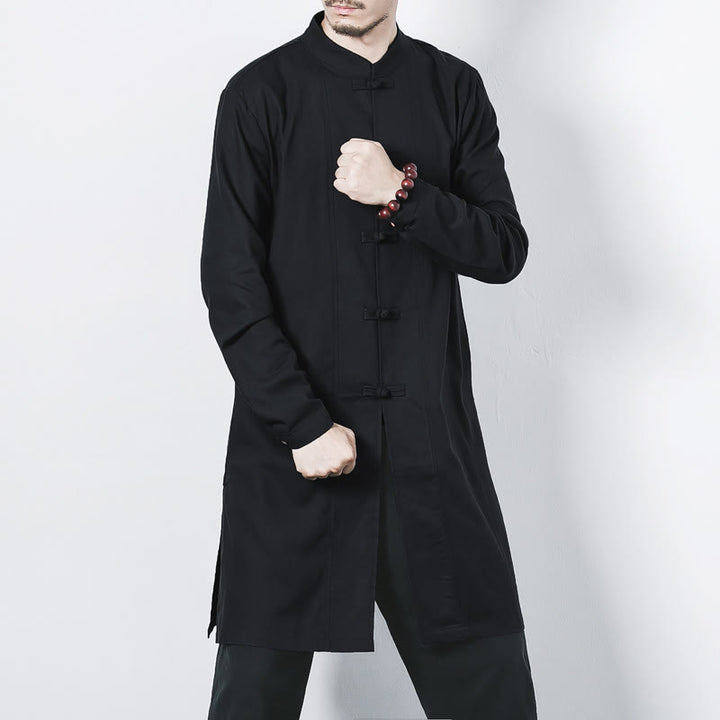 Abrigo de lino de longitud media para hombre con botones de rana y Buddha Stones en otoño, ropa zen - Negro - US/UK/AU46, EU56 (5XL) - image 16