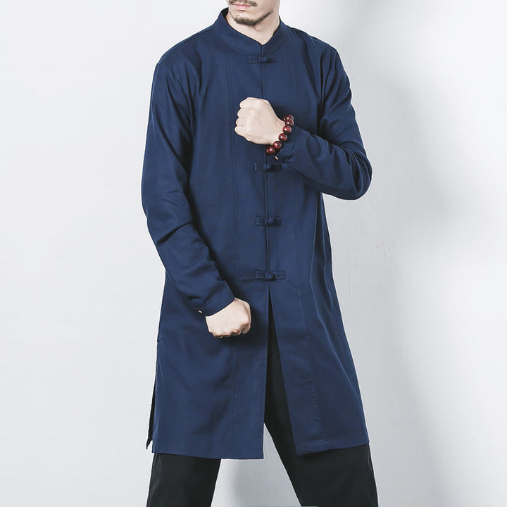 Abrigo de lino de longitud media para hombre con botones de rana y Buddha Stones en otoño, ropa zen - Azul acero - US/UK/AU46, EU56 (5XL) - image 0