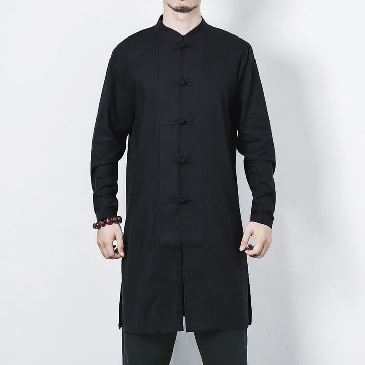Abrigo de lino de longitud media para hombre con botones de rana y Buddha Stones en otoño, ropa zen - image 17