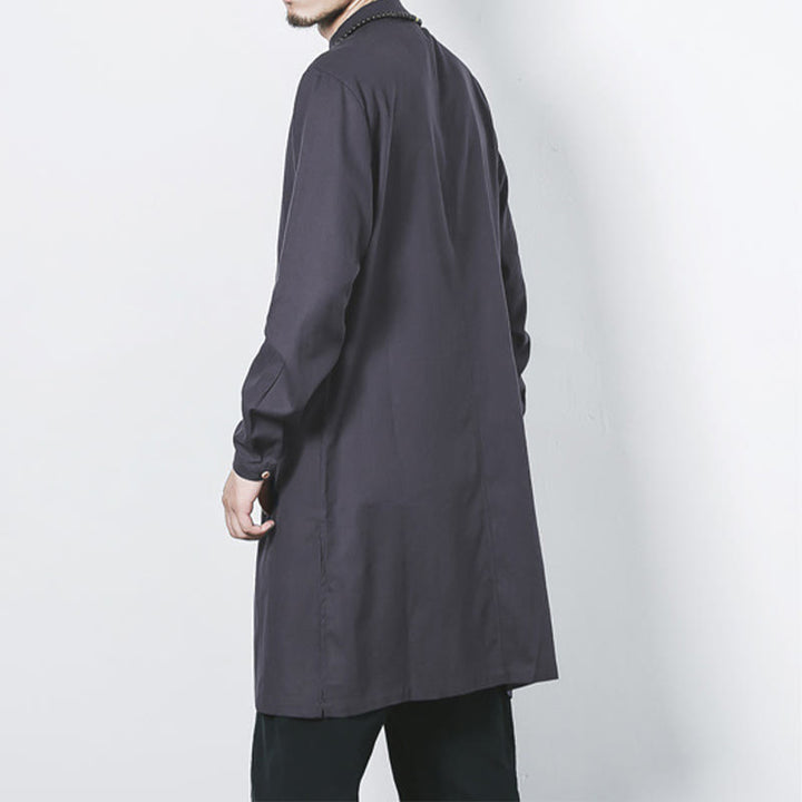 Abrigo de lino de longitud media para hombre con botones de rana y Buddha Stones en otoño, ropa zen - image 24