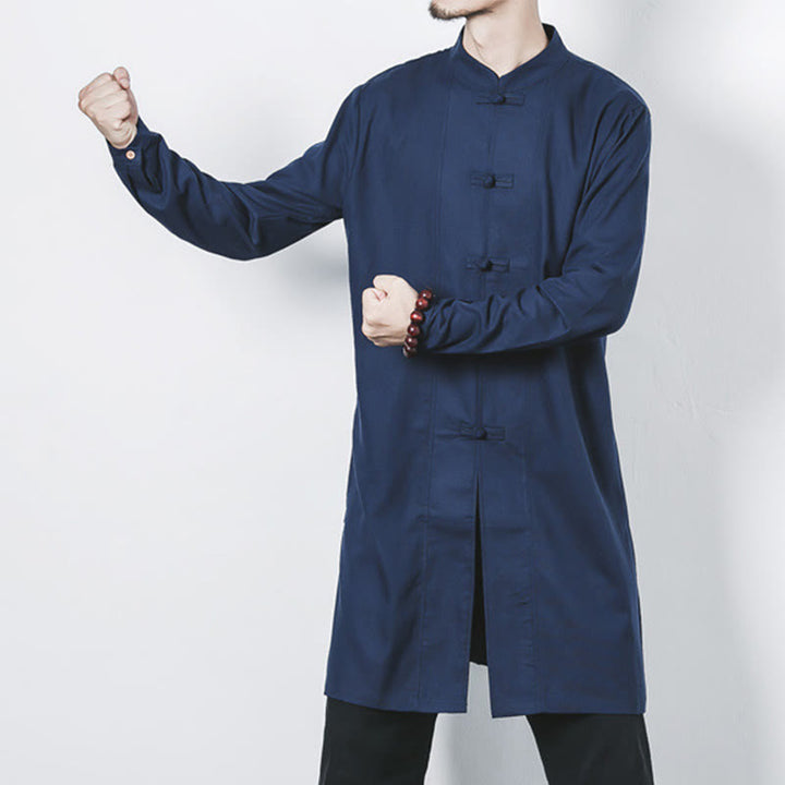 Abrigo de lino de longitud media para hombre con botones de rana y Buddha Stones en otoño, ropa zen - image 4