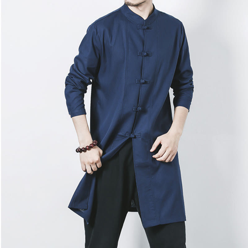 Abrigo de lino de longitud media para hombre con botones de rana y Buddha Stones en otoño, ropa zen - image 2