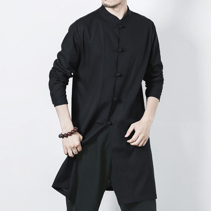 Abrigo de lino de longitud media para hombre con botones de rana y Buddha Stones en otoño, ropa zen - image 18