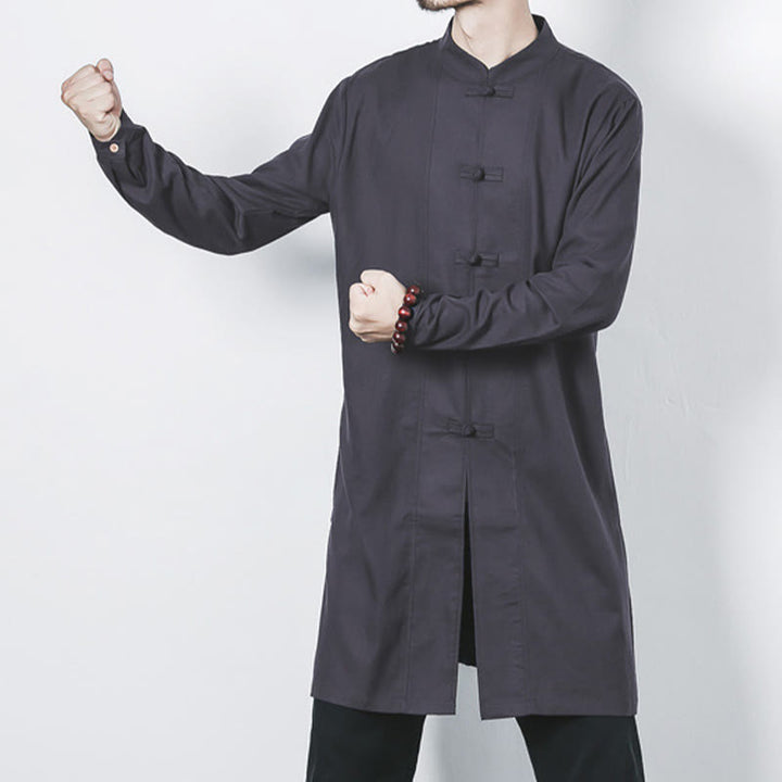 Abrigo de lino de longitud media para hombre con botones de rana y Buddha Stones en otoño, ropa zen - image 25