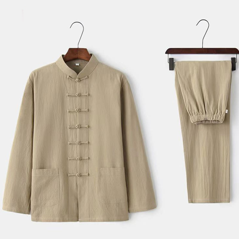 Conjunto de 2 Buddha Stones de traje tradicional Tang con botones de rana, camisa de manga larga y pantalón para hombre. - Beige - US/UK/AU44, UE 54 (5XL) - image 0