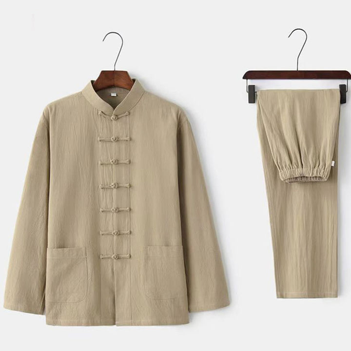 Conjunto de 2 Buddha Stones de traje tradicional Tang con botones de rana, camisa de manga larga y pantalón para hombre. - Beige - US/UK/AU44, UE 54 (5XL) - image 0