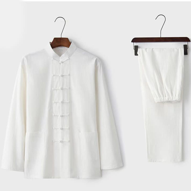 Conjunto de 2 Buddha Stones de traje tradicional Tang con botones de rana, camisa de manga larga y pantalón para hombre. - Blanco - US/UK/AU44, UE 54 (5XL) - image 1