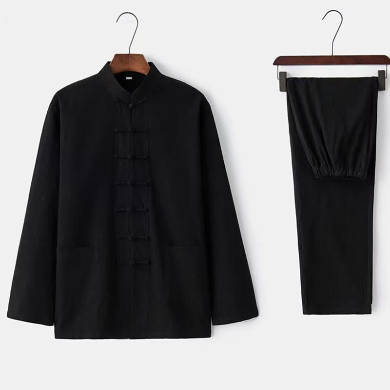 Conjunto de 2 Buddha Stones de traje tradicional Tang con botones de rana, camisa de manga larga y pantalón para hombre. - Negro - US/UK/AU44, UE 54 (5XL) - image 3