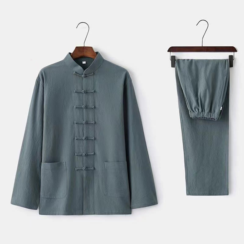Conjunto de 2 piezas de traje Tang con Buddha Stones , uniforme tradicional con botones de rana, camisa de manga larga y pantalones para hombre - Cadete Azul - US/UK/AU46, EU56 (5XL) - image 6
