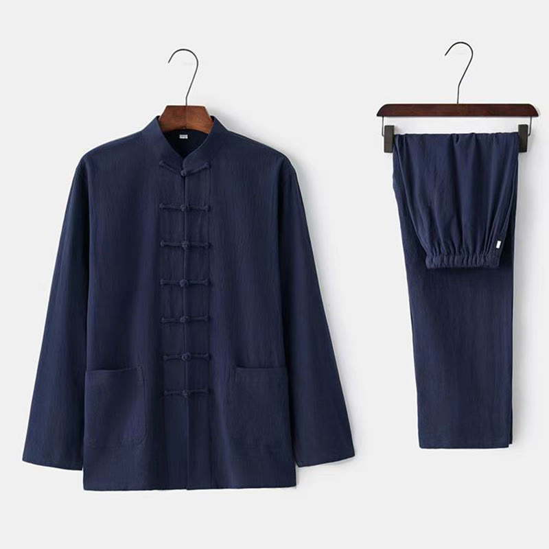 Conjunto de 2 Buddha Stones de traje tradicional Tang con botones de rana, camisa de manga larga y pantalón para hombre. - Marina de guerra - US/UK/AU44, UE 54 (5XL) - image 10