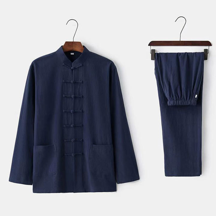 Conjunto de 2 Buddha Stones de traje tradicional Tang con botones de rana, camisa de manga larga y pantalón para hombre. - Marina de guerra - US/UK/AU44, UE 54 (5XL) - image 10