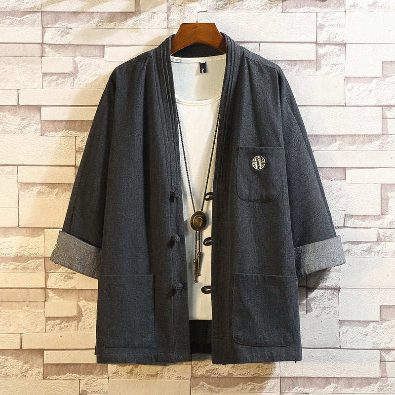 Traje de espiga con botones de rana para hombre de Buddha Stones, chaqueta, camisa y bolsillos con mangas tres cuartos - Negro - US/UK/AU46, EU56 (5XL) - image 0