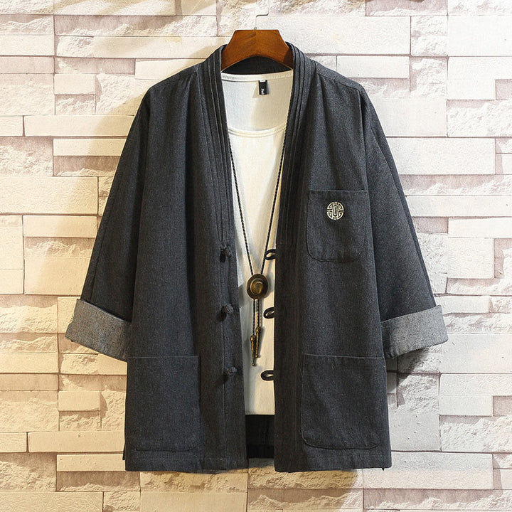 Traje de espiga con botones de rana para hombre de Buddha Stones, chaqueta, camisa y bolsillos con mangas tres cuartos - Negro - US/UK/AU46, EU56 (5XL) - image 0