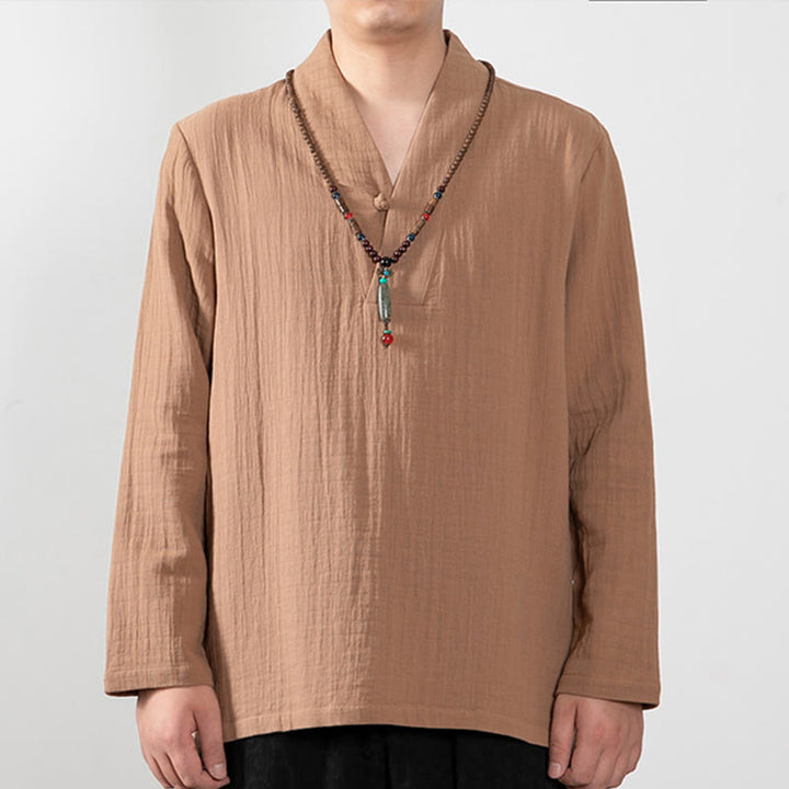 Camiseta de algodón de manga larga con cuello en V y estampado de Buddha Stones para hombre