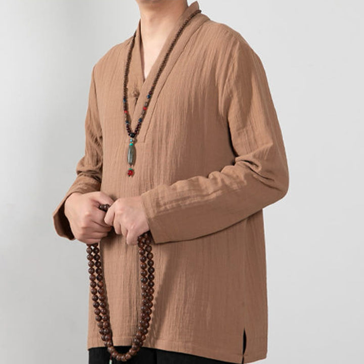 Camiseta de algodón de manga larga con cuello en V y estampado de Buddha Stones para hombre - image 5