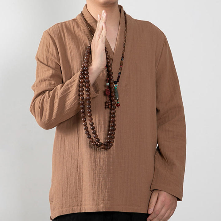 Camiseta de algodón de manga larga con cuello en V y estampado de Buddha Stones para hombre - image 4