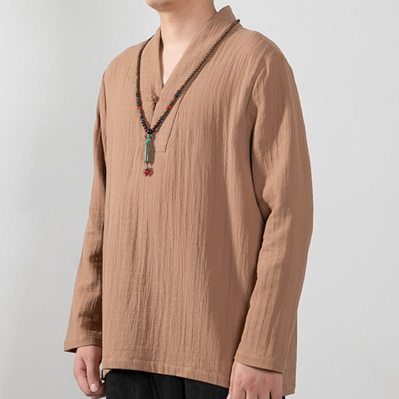 Camiseta de algodón de manga larga con cuello en V y estampado de Buddha Stones para hombre