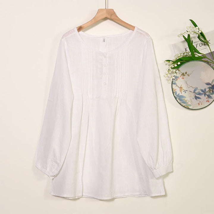 Camisa de lino y algodón con cuello redondo y manga larga plisada informal con Buddha Stones para mujer - Blanco - US/UK/AU46, EU56 (5XL) - image 5