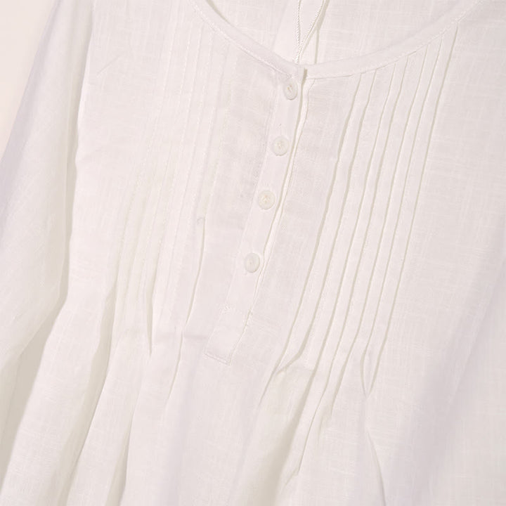 Camisa de lino y algodón con cuello redondo y manga larga plisada informal con Buddha Stones para mujer - image 7