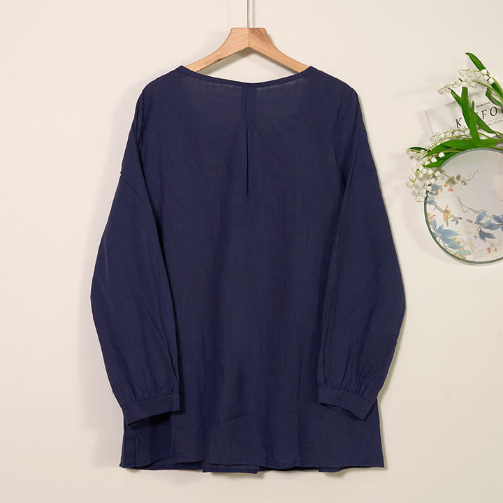Camisa de lino y algodón con cuello redondo y manga larga plisada informal con Buddha Stones para mujer - image 13