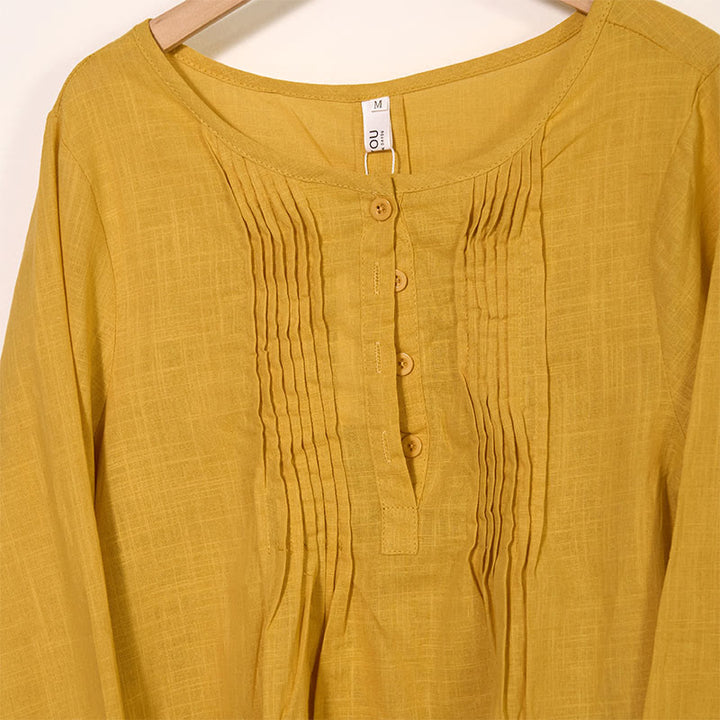 Camisa de lino y algodón con cuello redondo y manga larga plisada informal con Buddha Stones para mujer - image 2