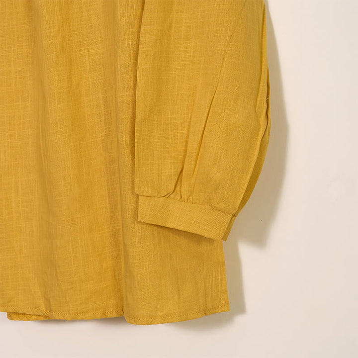 Camisa de lino y algodón con cuello redondo y manga larga plisada informal con Buddha Stones para mujer - image 3