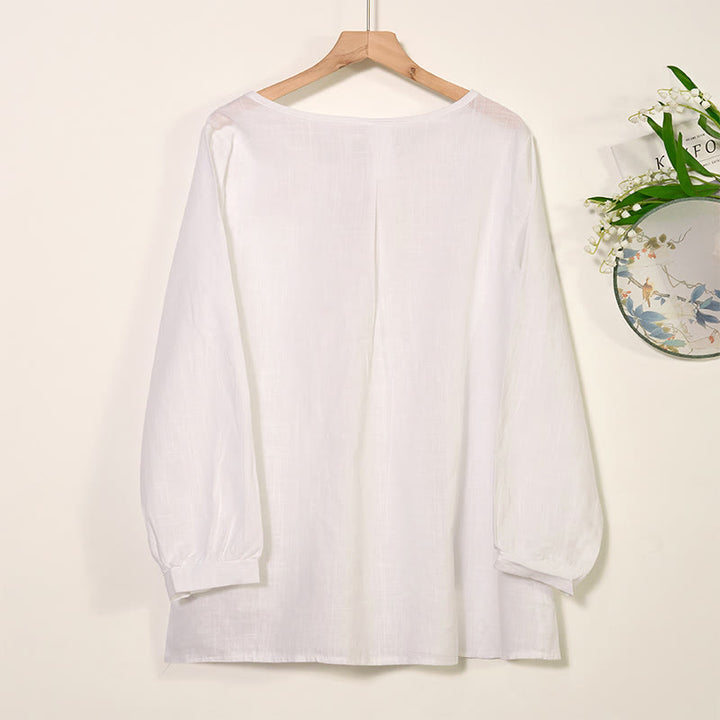 Camisa de lino y algodón con cuello redondo y manga larga plisada informal con Buddha Stones para mujer - image 6