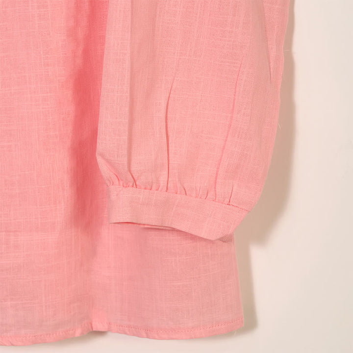 Camisa de lino y algodón con cuello redondo y manga larga plisada informal con Buddha Stones para mujer - image 11