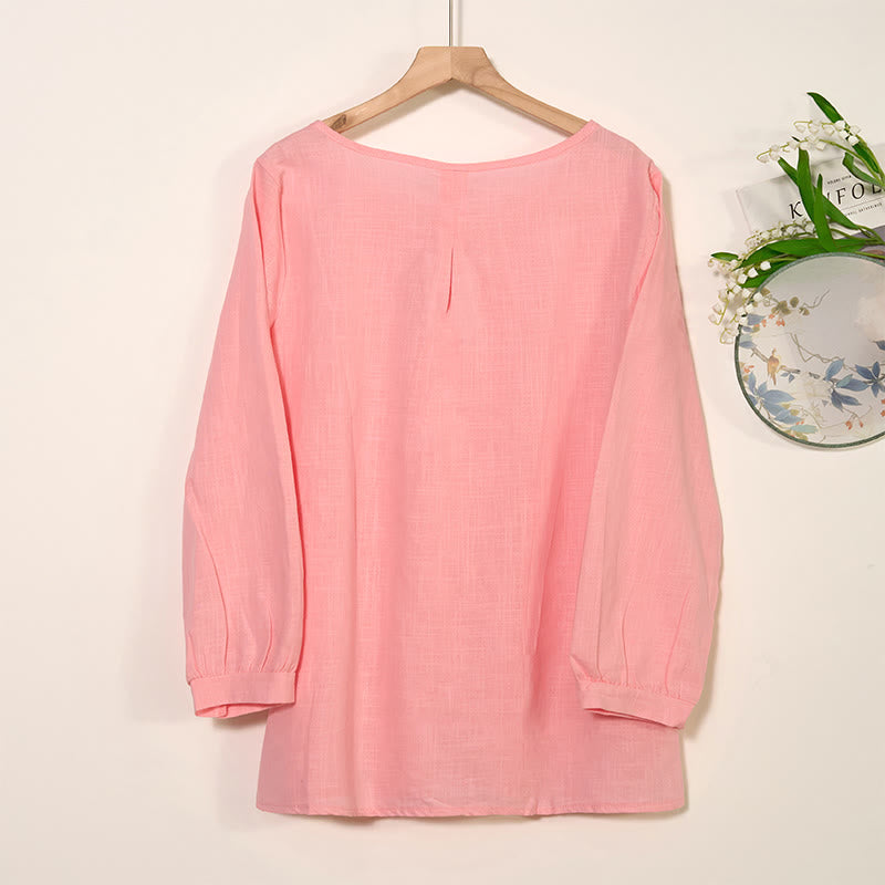 Camisa de lino y algodón con cuello redondo y manga larga plisada informal con Buddha Stones para mujer - image 9