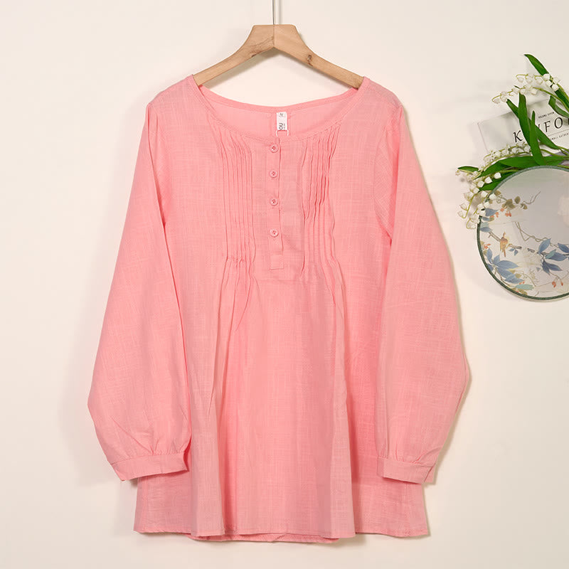 Camisa de lino y algodón con cuello redondo y manga larga plisada informal con Buddha Stones para mujer - rosa claro - US/UK/AU46, EU56 (5XL) - image 8