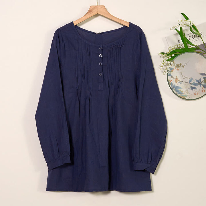 Camisa de lino y algodón con cuello redondo y manga larga plisada informal con Buddha Stones para mujer - Azul medianoche - US/UK/AU46, EU56 (5XL) - image 12