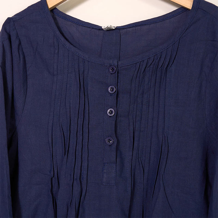 Camisa de lino y algodón con cuello redondo y manga larga plisada informal con Buddha Stones para mujer - image 14