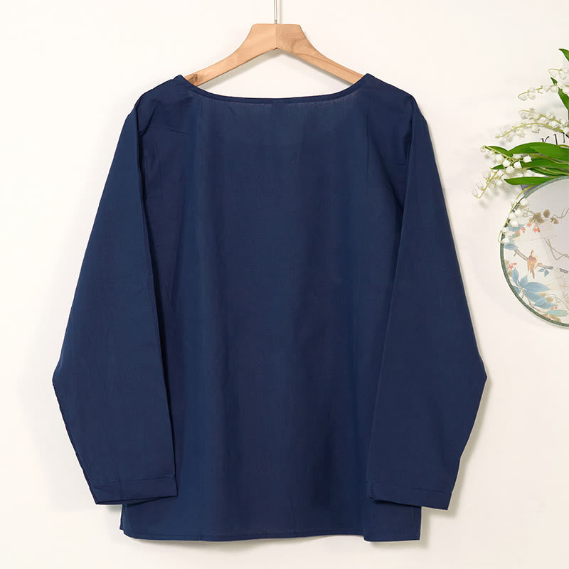 Camisa de lino y algodón con cuello redondo y manga larga informal con diseño de diente de león y Buddha Stones para mujer