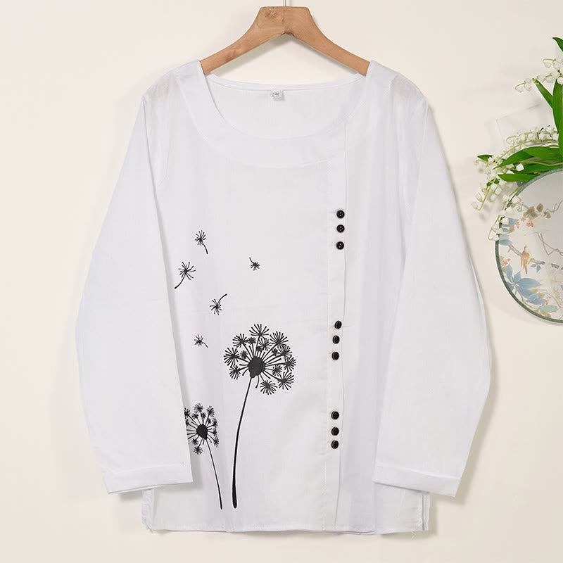 Camisa de lino y algodón con cuello redondo y manga larga informal con diseño de diente de león y Buddha Stones para mujer
