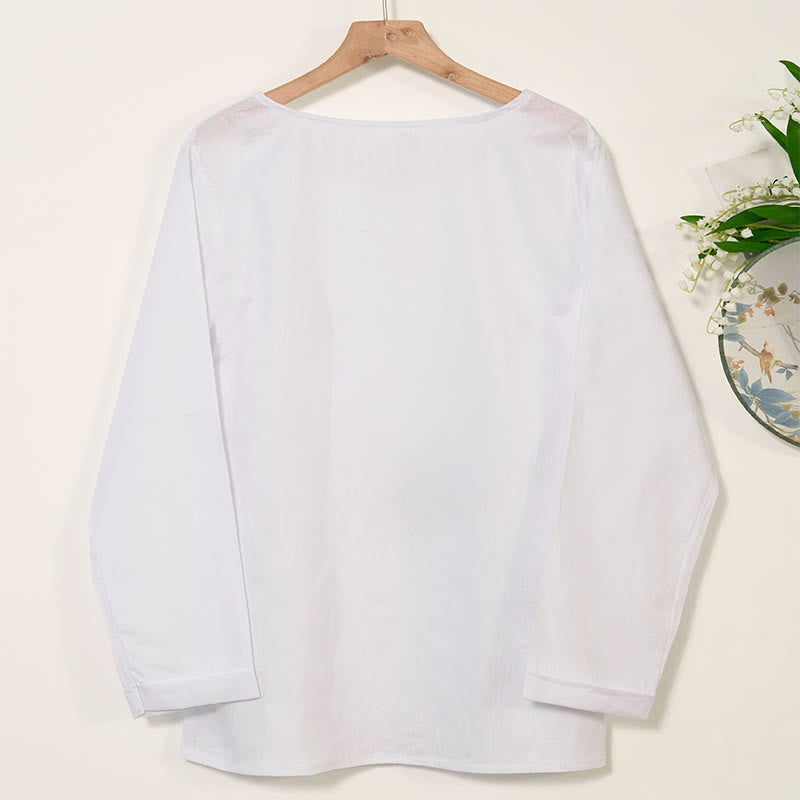 Camisa de lino y algodón con cuello redondo y manga larga informal con diseño de diente de león y Buddha Stones para mujer