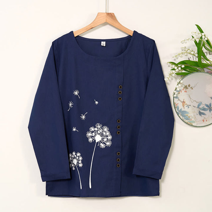 Camisa de lino y algodón con cuello redondo y manga larga informal con diseño de diente de león y Buddha Stones para mujer