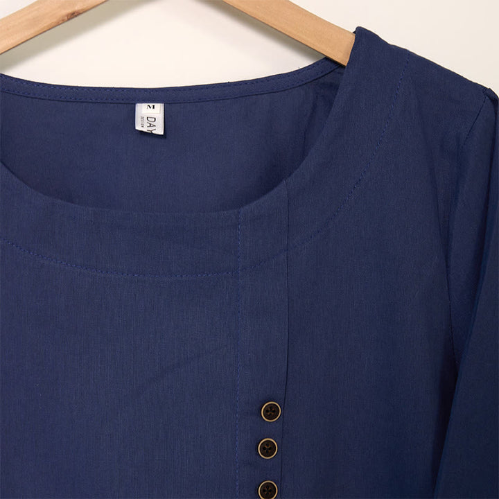 Camisa de lino y algodón con cuello redondo y manga larga informal con diseño de diente de león y Buddha Stones para mujer - image 3