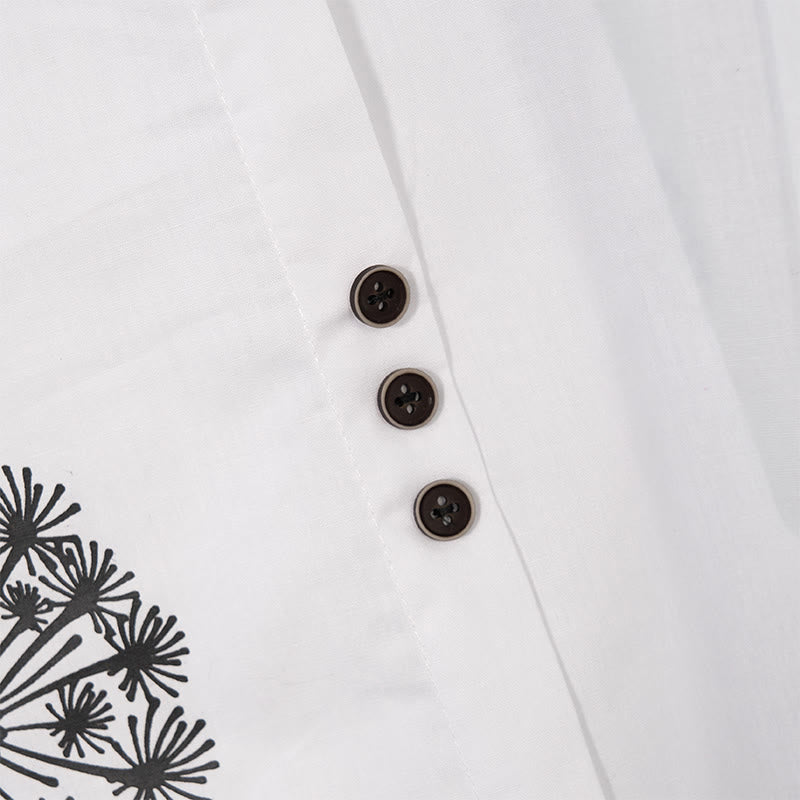 Camisa de lino y algodón con cuello redondo y manga larga informal con diseño de diente de león y Buddha Stones para mujer