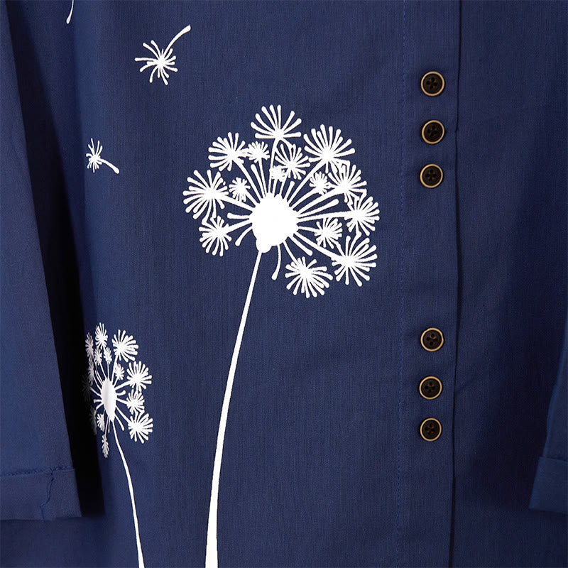 Camisa de lino y algodón con cuello redondo y manga larga informal con diseño de diente de león y Buddha Stones para mujer - image 5