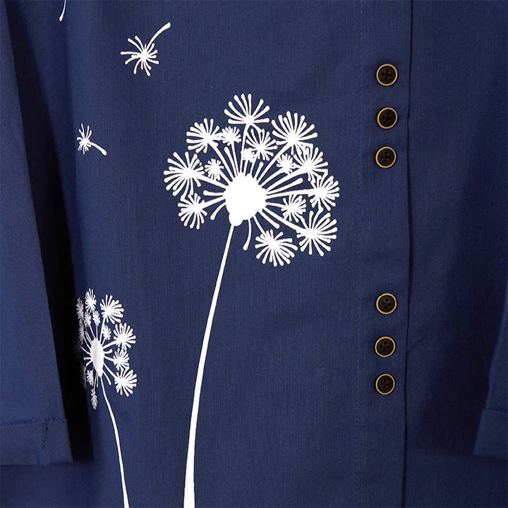 Camisa de lino y algodón con cuello redondo y manga larga informal con diseño de diente de león y Buddha Stones para mujer - image 5